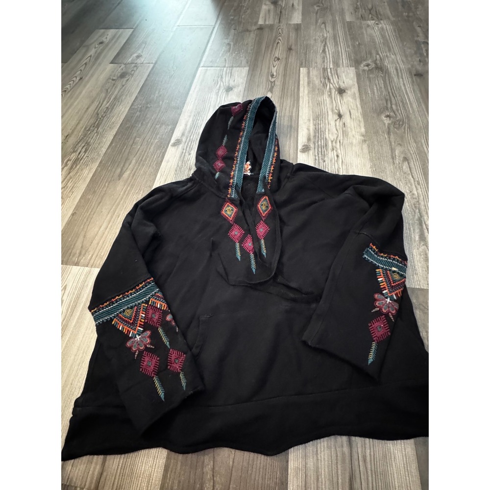 Johnny Was Los Angeles Black Embroidered Cotton Hoodie XL J19720-8 Boho Pullover